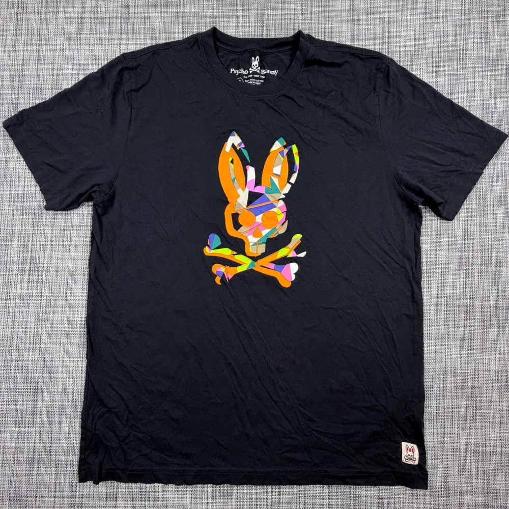 Psycho Bunny Mens T-Shirt Black Pima Cotton Geometric Bunny Skull Graphic 7 XL
